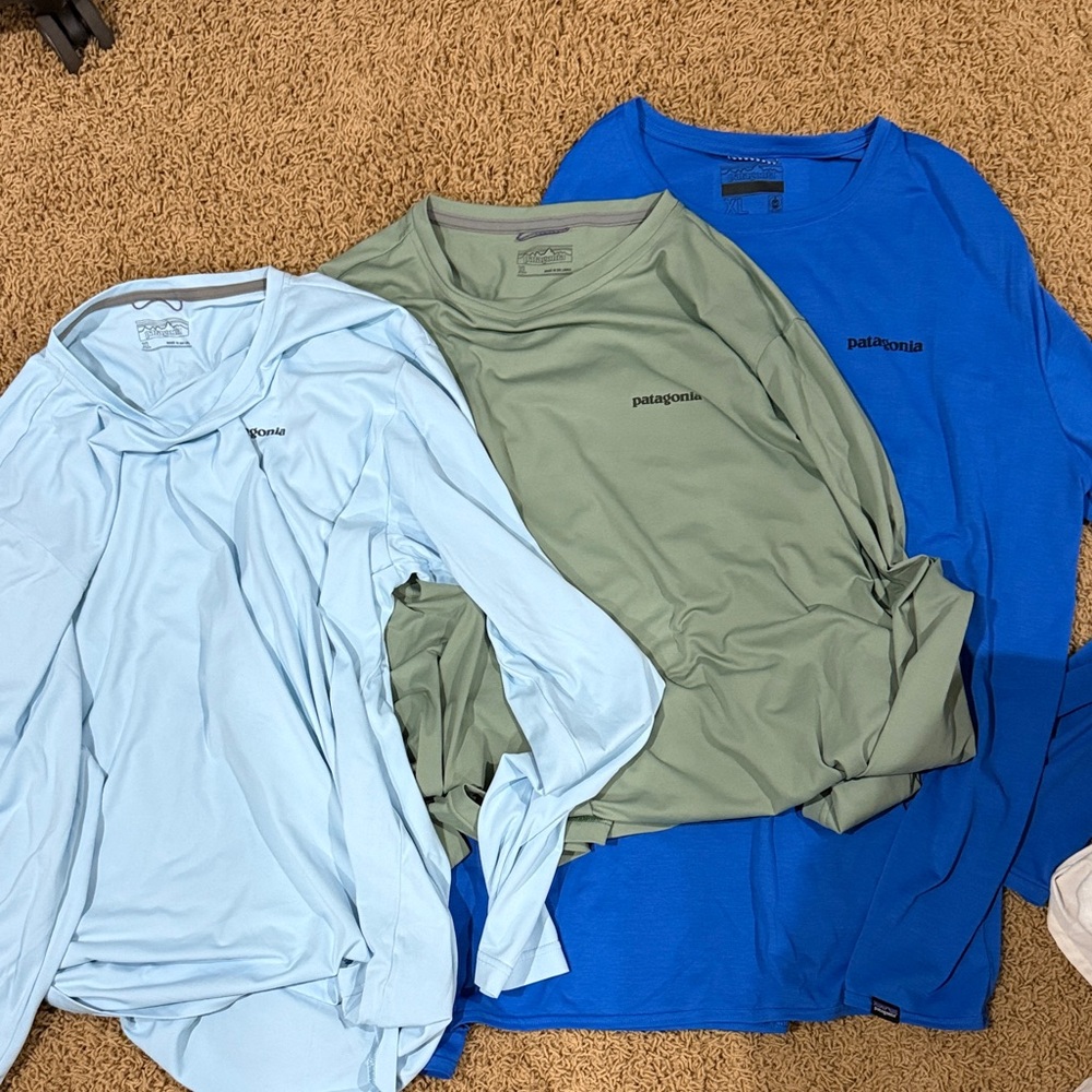 3 Patagonia Trio: Light Blue, Green, and Blue Shirts